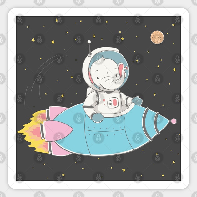 Lovely cute elephant rises in the rocket in space Sticker by daleone